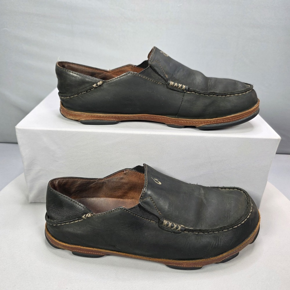Olukai Moloa Men's Size 10 Black Toffee Leather Slip On Comfort Loafer Shoes